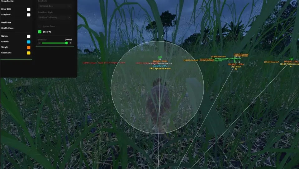 The Isle Hacks ESP snaplines — Show Entities tracking Tyrannosaurus and AI through grass